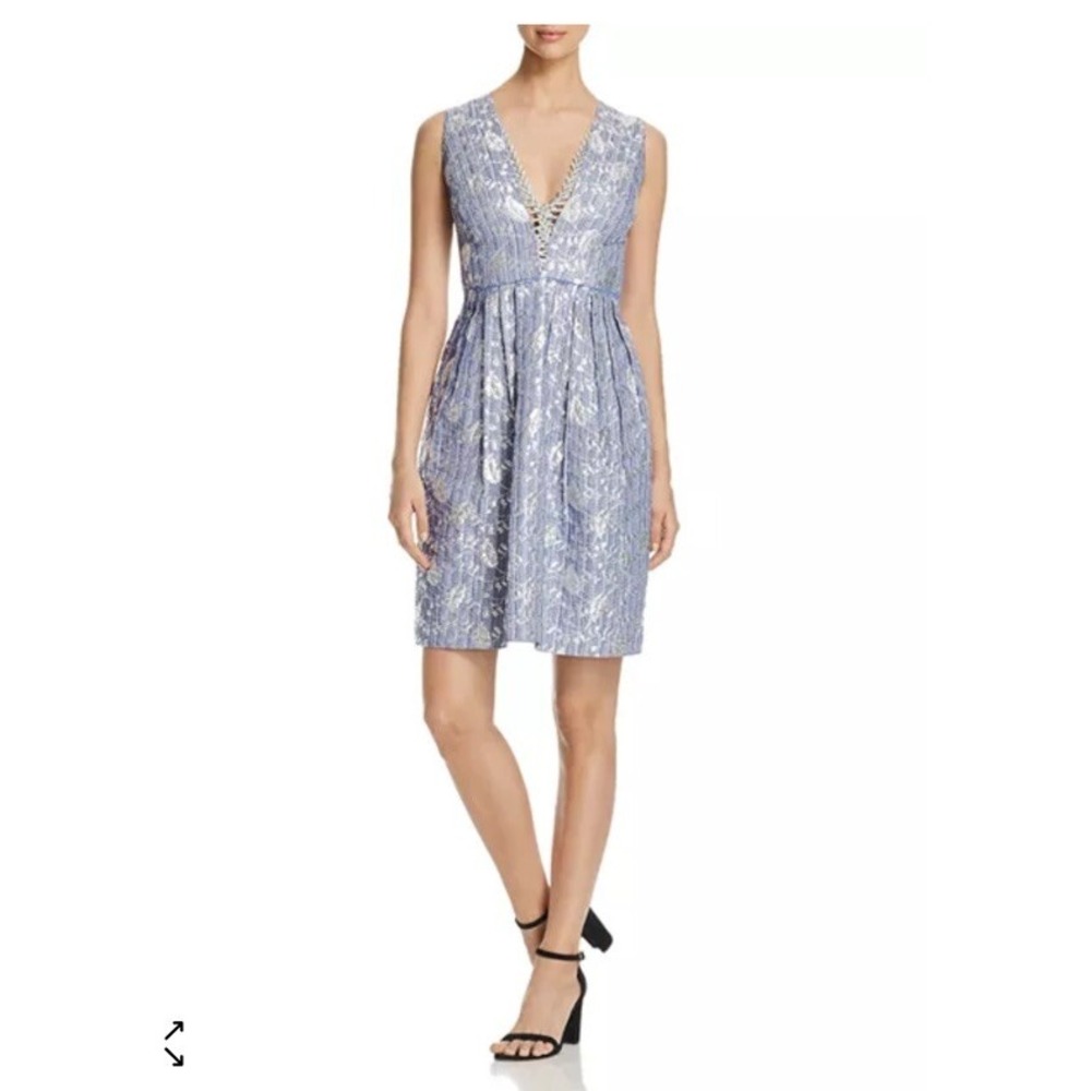 Elie Tahari Jacqueline Metallic Brocade Dress Blue Silver Floral Lace Size 10